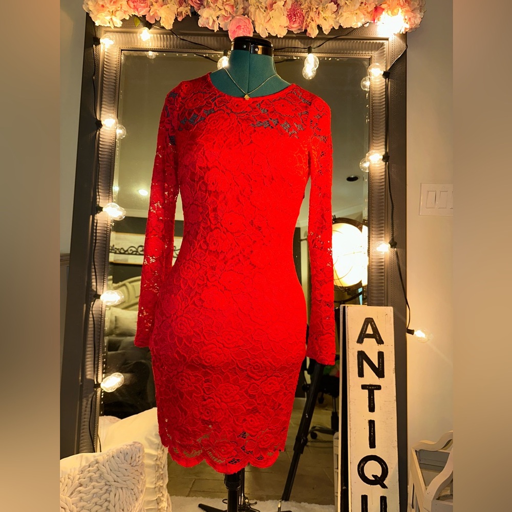 Iz Byer Vibrant Red Lace Long Sleeve Dress
